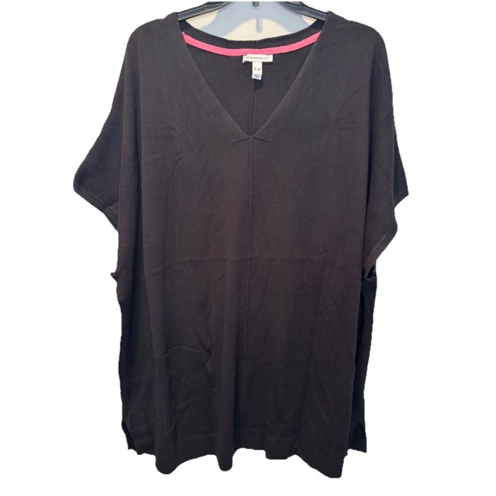 Isaac Mizrahi Live Black Exposed Seam Short Sleeve V Neck Womens Sweater 3X NEW
